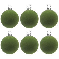 six green christmas balls with silver bows on each ornament, isolated against a white background