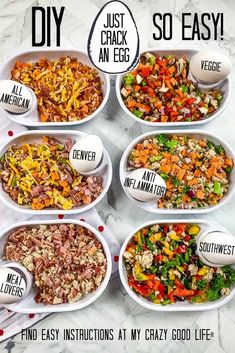 six bowls filled with different types of food on top of a white table cloth next to an egg