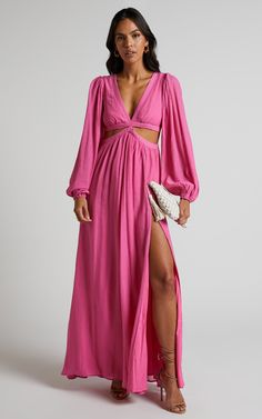 Paige Maxi Dress - Side Cut Out Balloon Sleeve Dress in Pink Dress With Side Cutouts, Balloon Sleeve Dress, On The Dance Floor, Pink Metallic, Side Cuts, Sleeve Maxi Dress, Maxi Dress With Sleeves, Dress Cuts, Shop Maxi Dresses