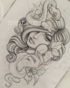 a pencil drawing of a woman with flowers on her head and an elephant in her hand