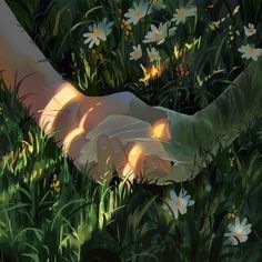 a painting of someone's hand in the grass with daisies and flowers around them