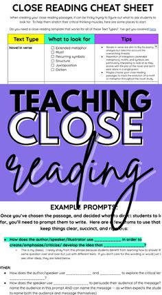 a close up of text on a purple background with the words teaching close reading written in black