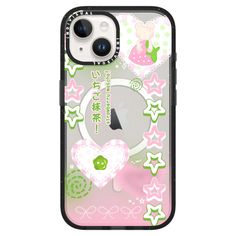 an iphone case with pink and green designs on it, featuring stars, hearts, and other