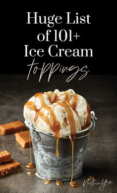 a bucket filled with ice cream and caramel drizzle on top of it