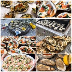 many different types of food are shown in this collage, including clams and oysters