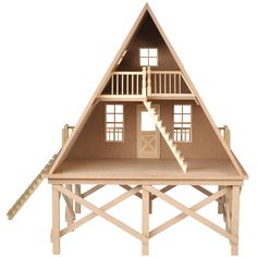 a wooden dollhouse with stairs leading to the upper floor and second story on top