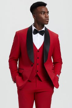 This one button tuxedo by Stacy Adams features a wide black satin shawl lapel, matching pants and vest. This comes in a hybrid fit (Sizes 34-44 = Slim Fit | Sizes 46+ = Modern Fit) Red Tuxedo Three-piece Suit For Party, Red Tuxedo Style Three-piece Suit For Party, Elegant Tailored Red Tuxedo, Red Tuxedo Three-piece Party Suit, Elegant Tailored Red Three-piece Suit, Elegant Red Fitted Tuxedo, Red Fitted Tuxedo For Wedding, Red Notch Lapel Tuxedo For Wedding, Elegant Red Three-piece Suit For Semi-formal Occasions