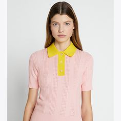 An iconic style with Seventies spirit: Our Cotton Pointelle Polo Sweater reimagines the timeless silhouette with a textural and feminine lightweight knit. Featuring a subtle striped pattern and finished with contrast stitchwork detailing, the soft layer will keep you stylishly comfortable on and off the court or course. Soft Layer, Flounce Top, Cotton Shirt Dress, Flounced Dress, Polo Sweater, Smocked Dress, Iconic Style, Sweater Design, Lightweight Knit