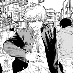 an anime character is standing in the middle of a crowded street with his hands on his hips