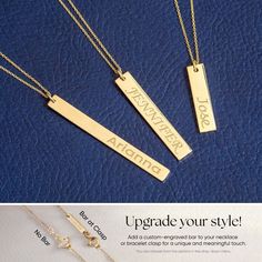 "14K Solid Gold Personalized Vertical Bar Necklace is the gift for the wedding, bridesmaid, mother's gift and gift for her. Material: Solid Gold (real gold, no gold filled or no gold plated material) Karat: 14 K (585) Available gold color: Yellow, rose and white Pendant Sizes: 20mm X 5mm Height of the bar: 2.0 cm (0.79 inches) Width of the bar: 5.0 mm (0.20 inches) 30mm X 5mm Height of the bar: 3.0 cm (1.18 inches) Width of the bar: 5.0 mm (0.20 inches) 40mm X 4mm Height of the bar: 4.0 cm (1.57 inches) Width of the bar: 4.0 mm (0.06 inches) Longitude, coordinates, names, your special date or any word special for you are engraved. Both sides of the pendant is available for engraving. The bar and the chain is solid 14k gold. The material is not gold filled or gold plated. The necklace is ma Elegant Rectangular Bar Necklace As Gift, Classic Wedding Jewelry With Rectangular Pendant, Elegant Rectangular Bar Necklace For Gift, Elegant Rectangular Bar Necklace Gift, Customized 14k Gold Necklaces For Wedding, Customizable Yellow Gold Necklace For Wedding, Customizable Pendant Necklace For Weddings, Elegant Rectangular Bar Necklace For Personalized Gift, Customizable Rectangular Minimalist Necklace