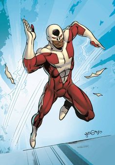 a man in a red and white suit is flying through the air with his arms outstretched