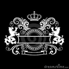 a black and white emblem with a crown on top, surrounded by scrolly scrolls