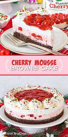 cherry mousse brownie cake is shown with the words cherry mousse above it