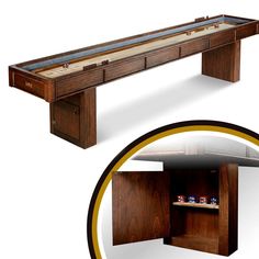 an image of a shuffle table with its doors open and the bottom drawer opened to reveal it's contents