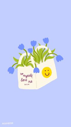 a white bag with blue flowers in it and a smiley face on the side that says, to forget love me