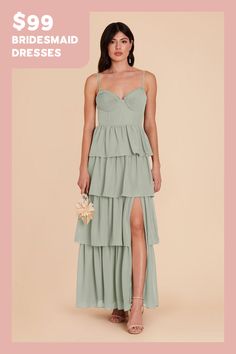 the bridesmaid dresses are $ 99 and they have an asymmetrical tiered skirt