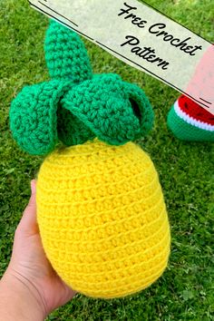 a crocheted pineapple with a name tag attached to it, sitting in the grass