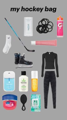 the contents of a hockey bag laid out on a gray background, including shoes, socks, and water bottles