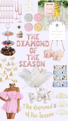 the diamond of the season poster with pink and gold decorations, cake, cupcakes