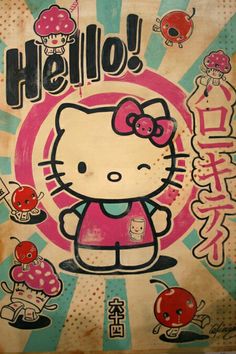 an old hello kitty poster is displayed on the wall