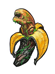 a drawing of a banana with an alien face on it's head and green sprouts coming out of its mouth