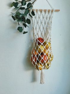 apples in a bag hanging on a wall