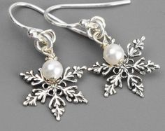 Sterling Silver Snowflake Earrings - Swarovski Earrings - Pearl Drop Earrings - Winter Wedding - Snowflake Jewelry - Christmas Earrings Sterling Silver Snowflake Jewelry For Anniversary, White Snowflake Jewelry For Anniversary, Holiday Silver Snowflake Jewelry, Elegant Christmas Jewelry With Dangle Shape, Elegant Christmas Holiday Jewelry, Elegant Sterling Silver Snowflake Jewelry, White Snowflake Necklace For Wedding, Elegant Silver Holiday Jewelry, White Snowflake Jewelry For Holidays