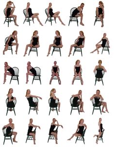 a woman sitting in a chair with different poses