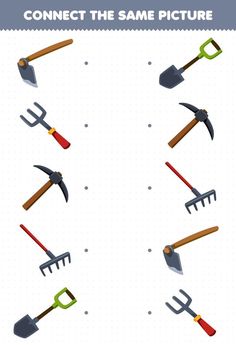 Education game for children connect the same picture of cartoon hoe fork pickaxe rake shovel picture printable tool worksheet Preschool Activities Toddler, Game For Children, Same Picture, Casual Game, Game Icon, Icon Set Vector, Cartoon Pics, Preschool Activities, Icon Set