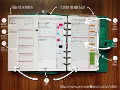 an open planner book with instructions on how to use it and what you can do