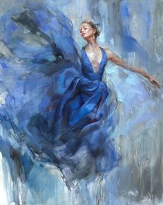 a painting of a woman in a blue dress with her arms spread out to the side