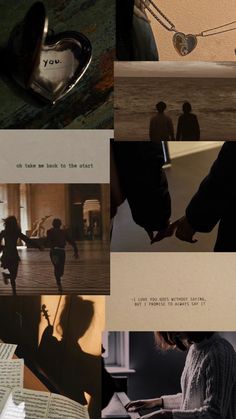 a collage of images with people holding hands and shadows on them, including an open book