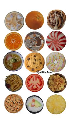 many different types of food are shown in this collage, including oranges and cookies