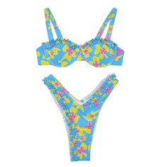 Underwire support Floral print Balconette style Adjustable tie straps Removable paddingSize Chart: Blue Underwire Swimwear With Straps, Ruffled Underwire Swimwear For Vacation, Underwire Ruffled Swimwear For Vacation, Blue Strapped Swimwear For Beach Party, Blue Beachwear Swimwear With Straps, Blue Strapped Swimwear For Summer, Yoga Jumpsuit, Trendy Swimsuits, Plus Size Bra