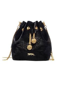 Noir bucket bag with gold-tone Royal Bengal Tiger carved brand logo. Enhanced with braided metallic drawchord. - Aza Fashions Royal Bengal Tiger, Festive Jewellery, Wedding Couture, Bridal Clothing, Bengal Tiger, Luxury Sale, Jewellery Accessories, Indo Western, Mens Accessories Jewelry