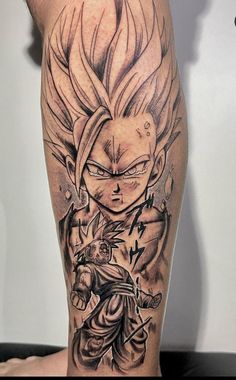 a man's leg with a dragon tattoo on it and an image of the character gohan