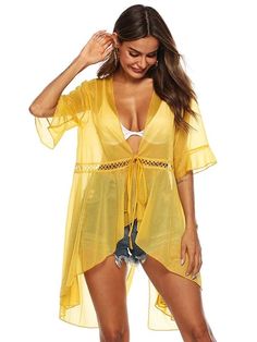 Sexy Solid See-through Lace-up Beach Cover-Up - rrdeye Trendy V-neck Swimwear For Vacation, Trendy V-neck Swimwear For Summer, Yellow V-neck Top For Beach Season, Stretch Cover-up For Summer Festivals, Yellow V-neck Swimwear For Vacation, V-neck Beachwear Tops For Festival, Beachwear V-neck Tops For Festival, Fitted Open Front Tops For Vacation, Fitted Open Front Vacation Tops