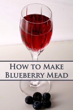 a glass filled with blueberries and the words how to make blueberry mead on it