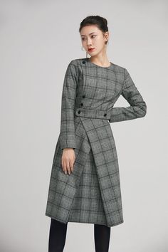 image 2 Fall Tweed Midi Dress For Work, Wool Long Sleeve Midi Dress For Fall, Fall Long Sleeve Wool Midi Dress, Wool Midi Dress With Long Sleeves For Fall, Fall Wool Midi Dress With Long Sleeves, Winter Workwear Tweed Midi Dress, Elegant Plaid Midi Dress, Plaid Long Sleeve Midi Dress For Work, Elegant Plaid Dress For Work