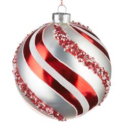 an ornament with red and white stripes on it