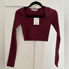 Nwt Zara Long Sleeve Burgundy Red Fitted Burgundy Winter Top, Fitted Red Long Sleeve Crop Top, Red Fitted Crop Top For Winter, Fitted Red Crop Top For Winter, Fitted Burgundy Crop Top, Zara Long Sleeve Tops In Solid Colors, Zara Cropped Crop Top For Fall, Zara Crop Top For Fall, Red Long Sleeve Crop Top For Fall