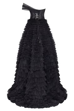 Spectacular frill-layered ball gown in black that will become a timeless wardrobe item. Featuring a one-shoulder heart-shaped neckline, a semi-transparent corset with lace-up closure on the back, and a stunning frill-layered volumetric maxi tulle skirt with a long train. Details: Material: Tulle Fabric Composition: 100% polyester Sleeves style: Sleeveless one-shoulder Silhouette: Princess dress Skirt length from waist: 115 cm Neckline: Heart-shaped neckline Back: Lace-up corset Built-in cups Lin Black Organza Evening Dress With Ruffles, Black Fitted Ball Gown With Ruffles, Black Fitted Ruffle Ball Gown, Fitted Black Ball Gown With Ruffles, Black Ruffled Ball Gown For Party, Black Ruffled Gown For Wedding, Strapless Evening Gown With Ruffles, Strapless Ruffled Evening Gown, Evening Gown With Ruffled Tulle Skirt