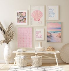 a white table topped with lots of pictures and vases