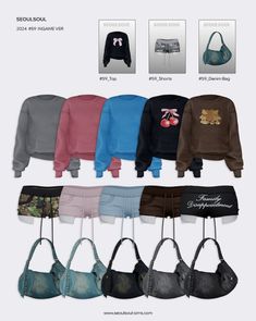 an assortment of sweaters and handbags hanging from hooks on a white background with text