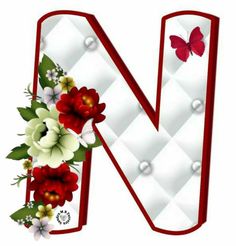 the letter n is decorated with flowers and butterflies in red, white, and green