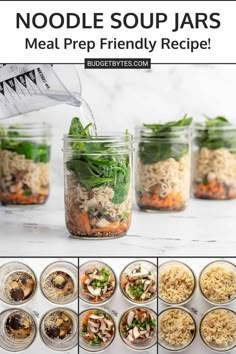 the steps to make noodle soup jars are shown in this collage with text overlay