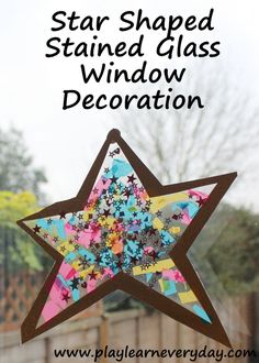 a star shaped stained glass window decoration with text overlay that reads, star shaped stained glass window decoration