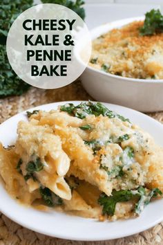 cheesy kale and penne bake on a white plate