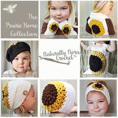 the crocheted sunflower hat is shown in many different styles