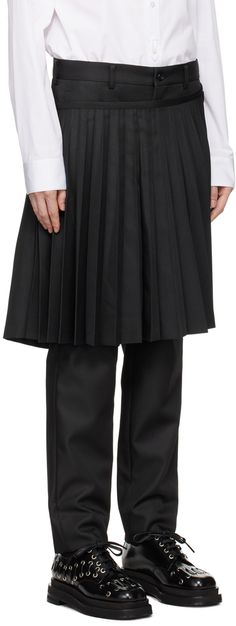 Polyester gabardine trousers. · Pleated skirt-style overlay · Belt loops · Four-pocket styling · Zip-fly · Unfinished hem · Partial satin lining Supplier color: Black Formal Knee-length Bottoms With Box Pleat, Black Bottoms With Box Pleat For Work, Formal Black Bottoms With Pleated Hem, Black Box Pleat Bottoms For Workwear, Formal Knee-length Bottoms With Pleated Hem, Black Cropped Trousers, Comme Des Garcons Black, Fringed Belt, Black Layers